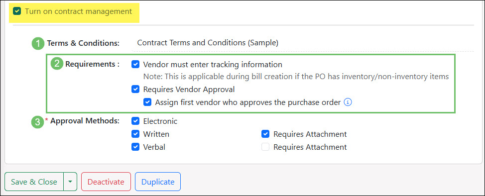 The Contract Management Options in a Purchase Order Type
