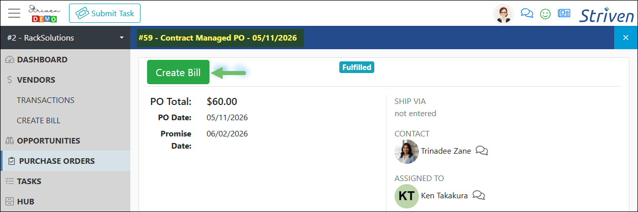 The Create Bill Button from a Purchase Order in the Vendor Portal