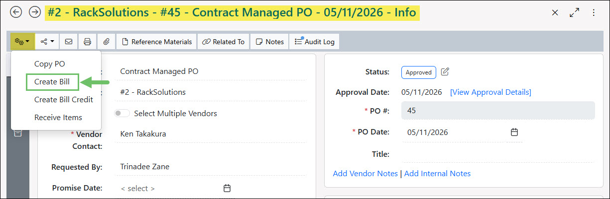 The Create Bill Option from a Purchase Order