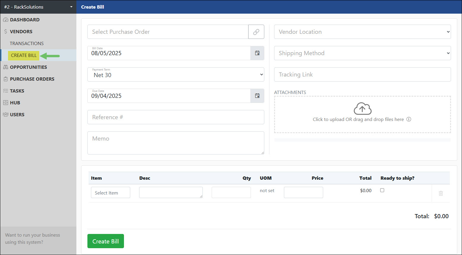 The Create Bill Page in the Vendor Portal