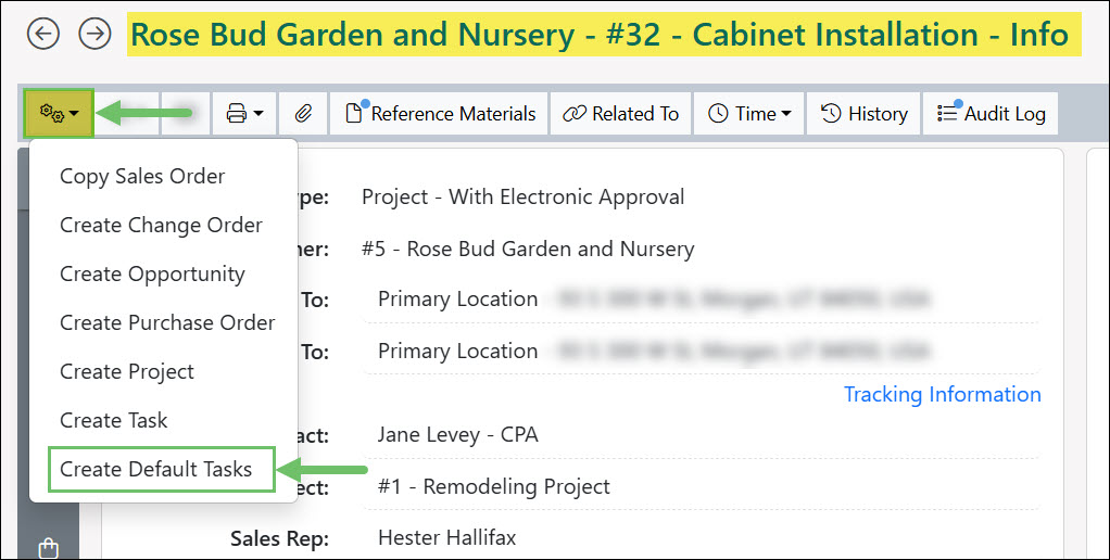 The Create Default Tasks Option in the Actions Menu on a Sales Order
