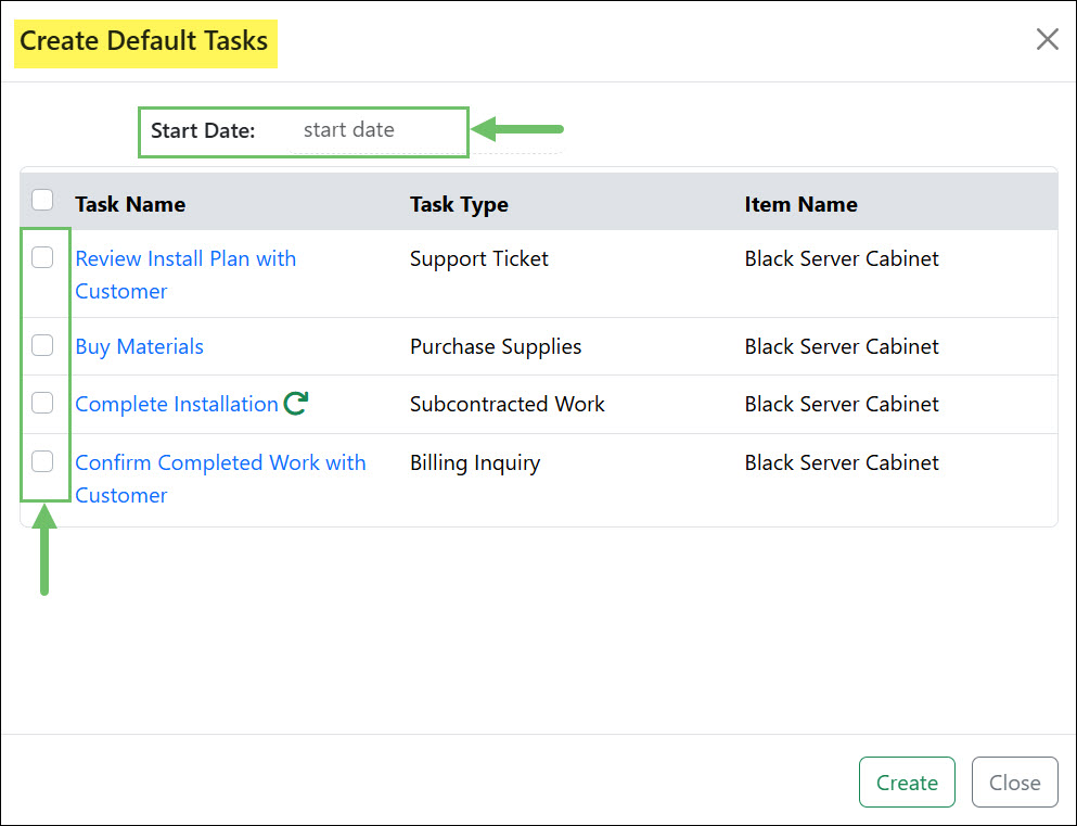 The Create Default Tasks Popup