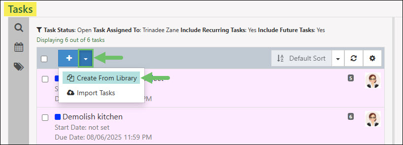 The Create From Library Option on the Tasks List