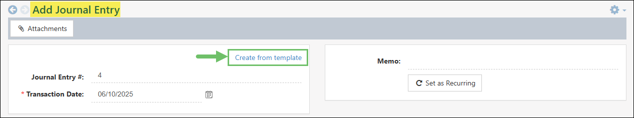 The Create From Template Option on the Add Journal Entry Page