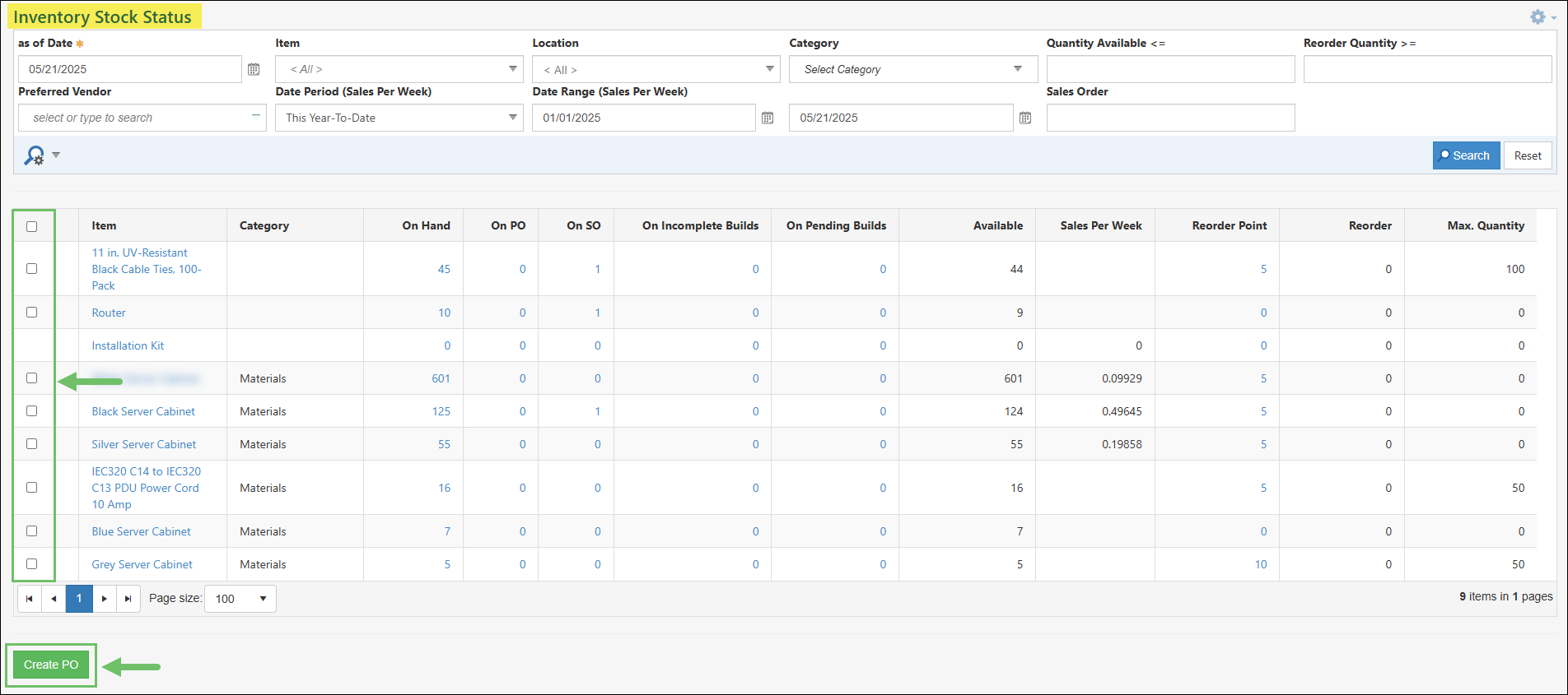 The Create PO Option from the Inventory Stock Status Report
