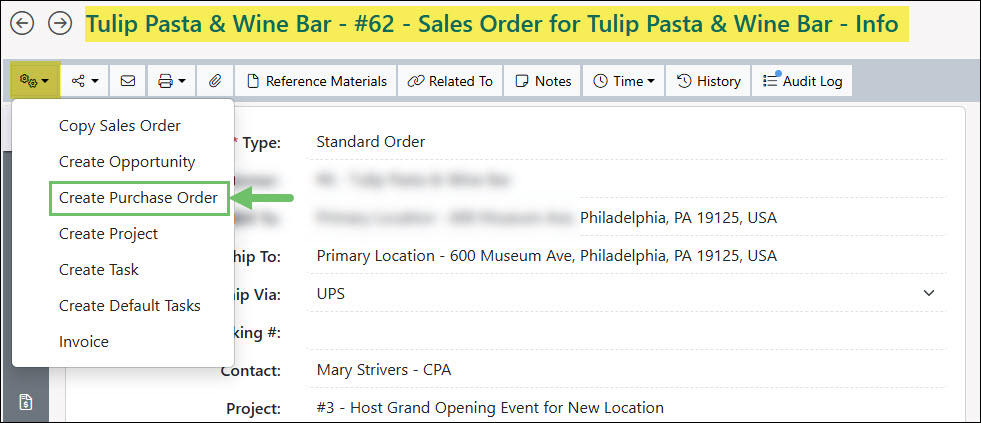 The Create Purchase Order Option from a Sales Order Actions Menu