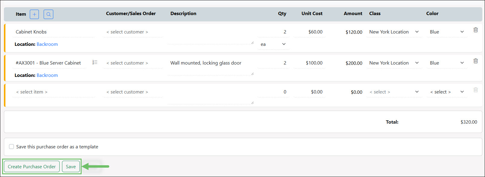 The Create Purchase Order and Save Buttons on the Add Purchase Order Page