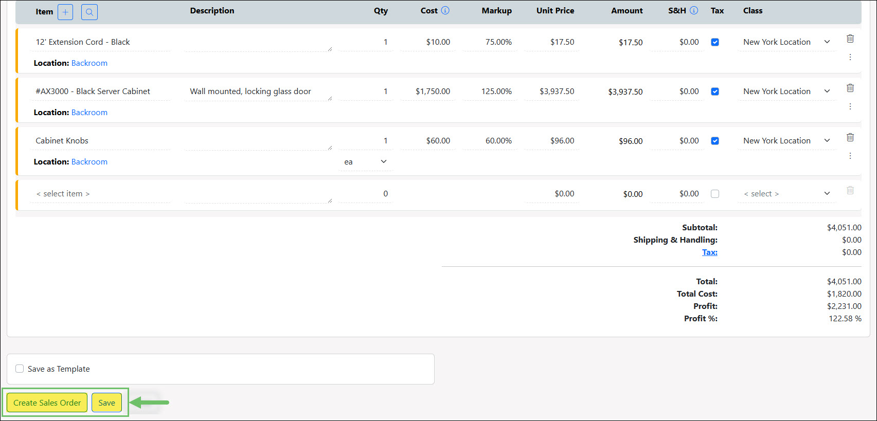 The Create Sales Order and Save Buttons on the Add Sales Order Page