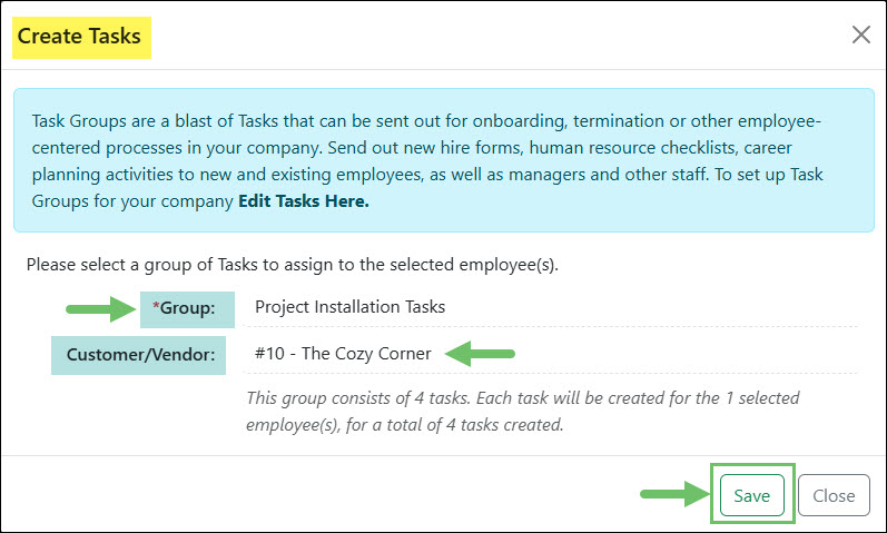 The Create Tasks Window from the Employees List