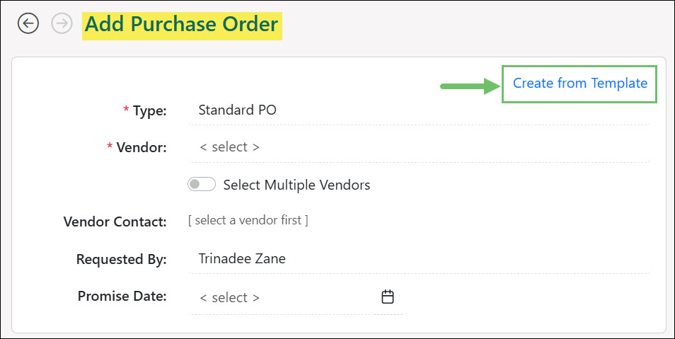 The Create from Template Option on a Purchase Order