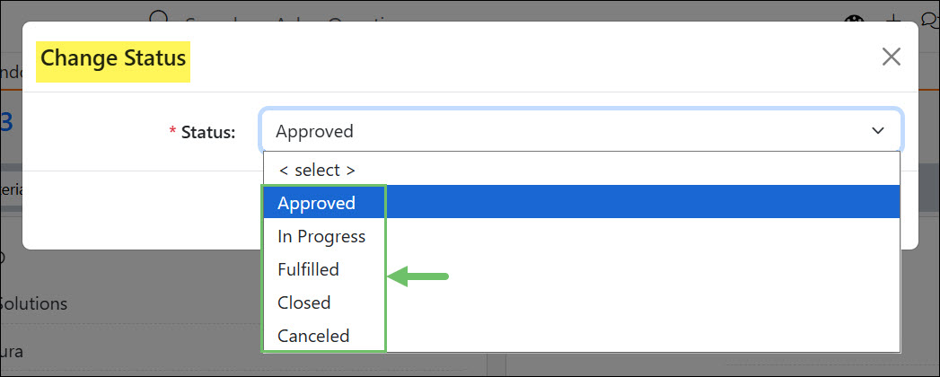 The Created Purchase Order Status Options
