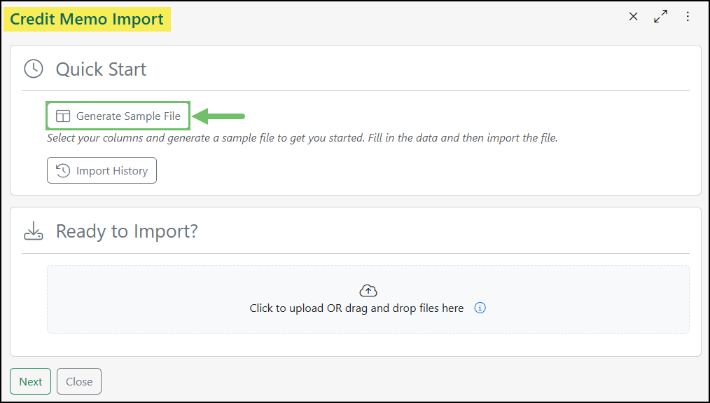 Credit Memo Import page with the Generate Sample File option highlighted.