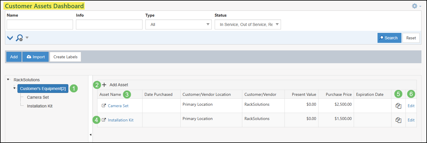 The Customer Assets Dashboard with the List Fields.