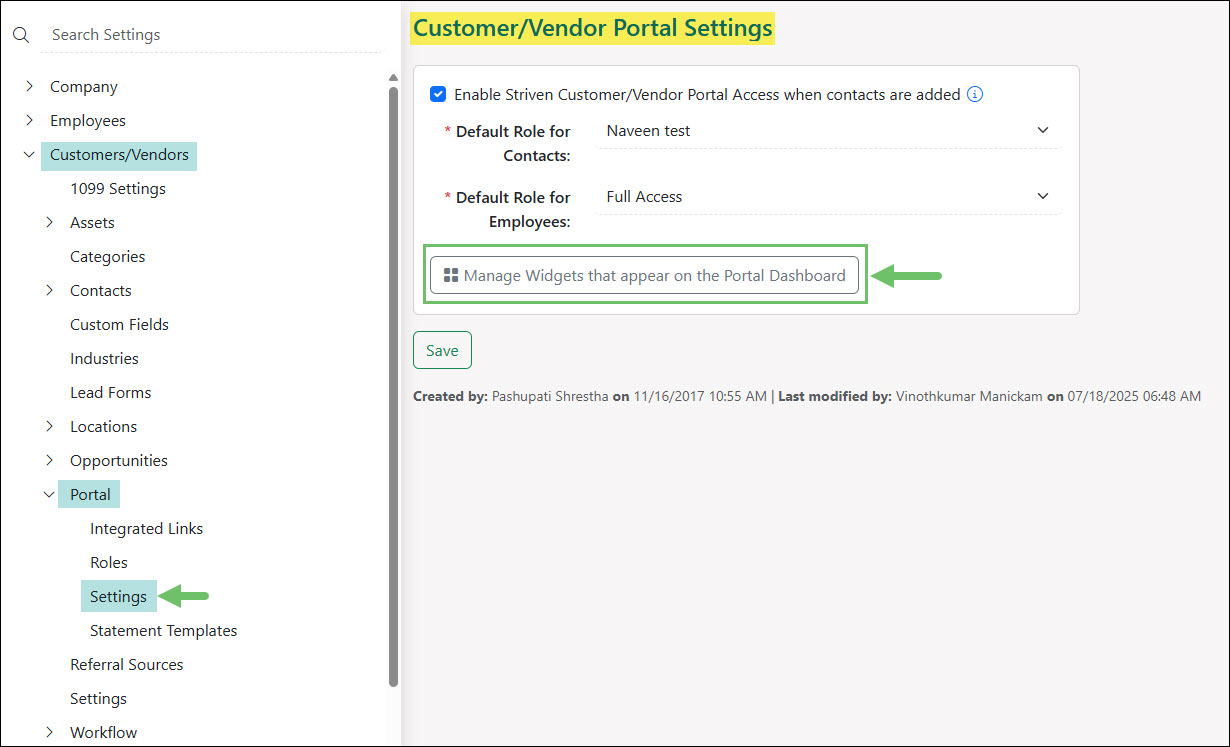 The Customer Vendor Portal Manage Widgets Settings Location