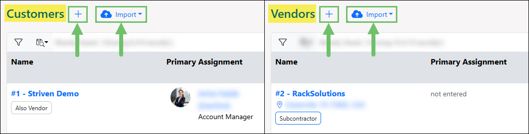 The Customer and Vendor List Add Options