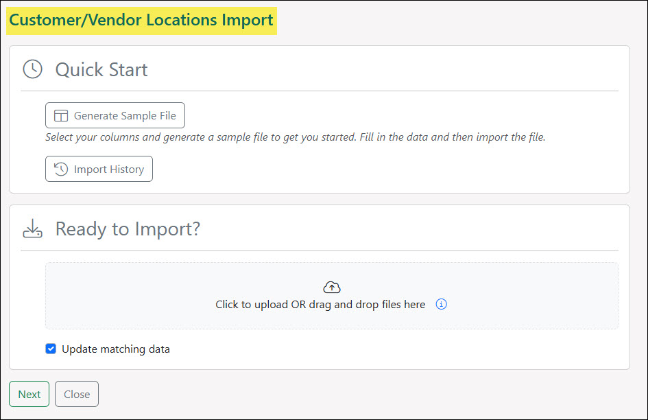 The Customers and Vendors Locations Import Page