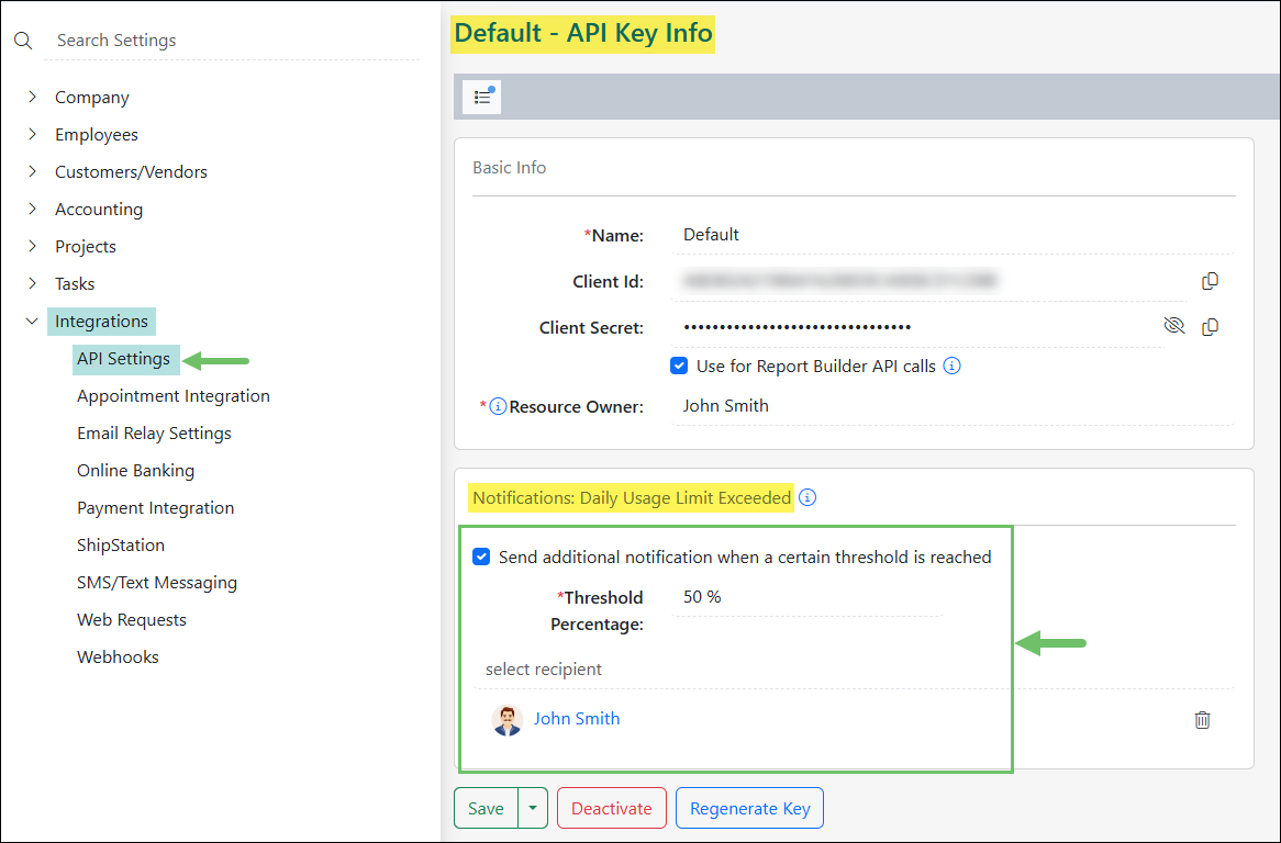 The Daily Usage Limit Exceeded Notification Settings on the API Settings Page