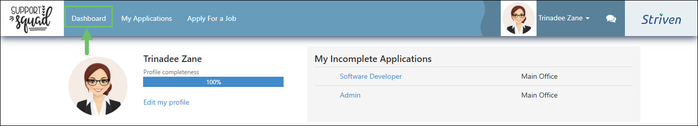 The Dashboard Menu Location from the Portal Menu Bar