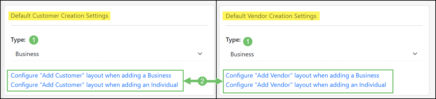 The Default Customer Vendor Creation Settings
