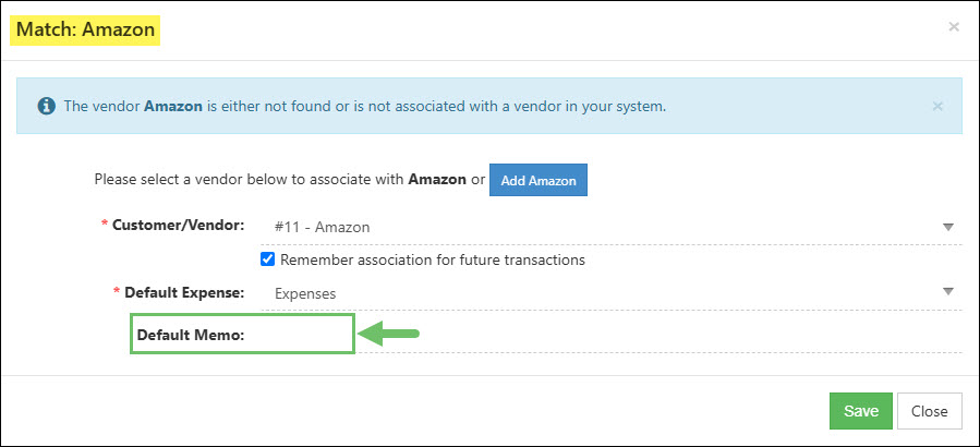The Default Memo Field in the Match Vendor Popup