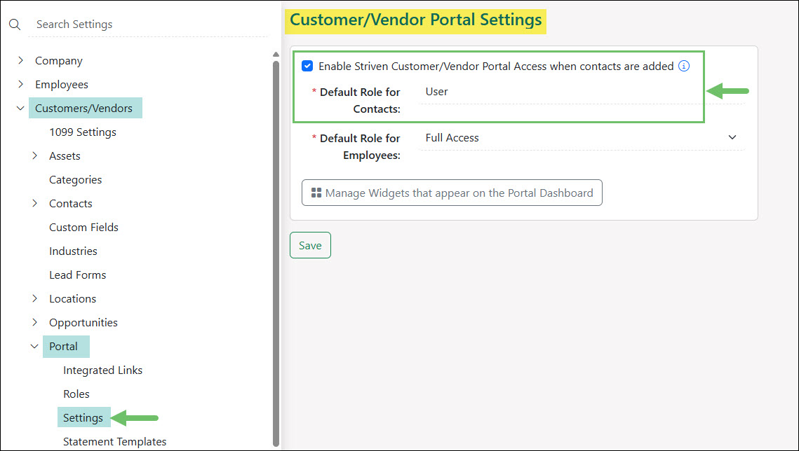 The Default Portal Role for Contacts in the Portal Settings