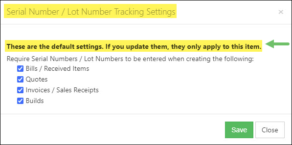 The Default Settings for Lot Number Tracking for an Individual Item.