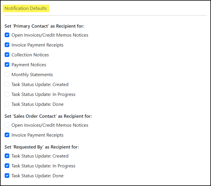 The Defaults Settings section of CRM Settings Page