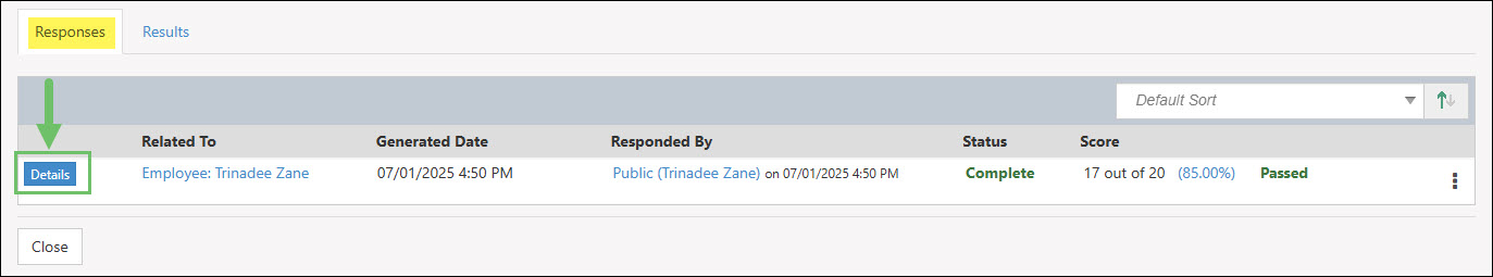 The Details Button on the Responses Tab in an Assessment