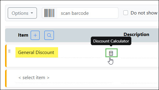 The Discount Calculator Icon when Adding a Discount Item to a Sales Order