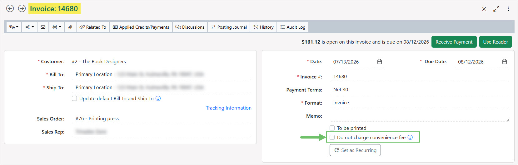 The Do Not Charge Convenience Fee Option on an Invoice