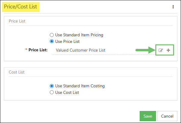 The Edit and Add Buttons Available in the Price Cost List Widget