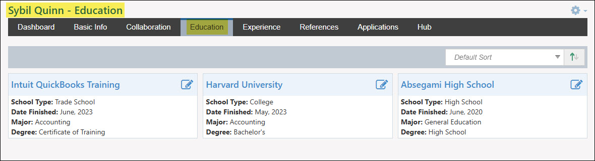The Education Tab from a Candidate’s Profile