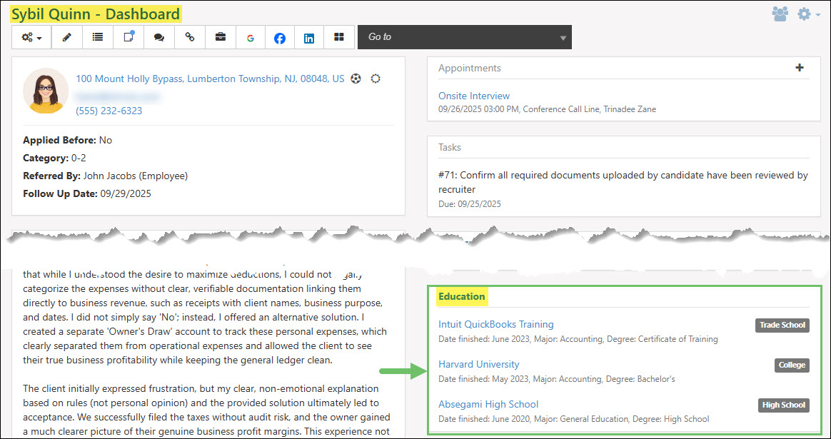 The Education Widget on a Candidate’s Dashboard
