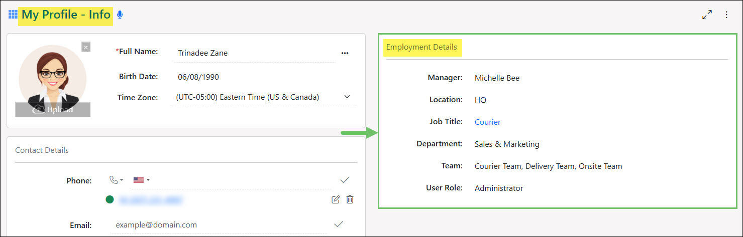 The Employment Details Panel of the My Profile - Info Page