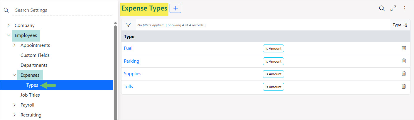 The Expense Types Settings Page