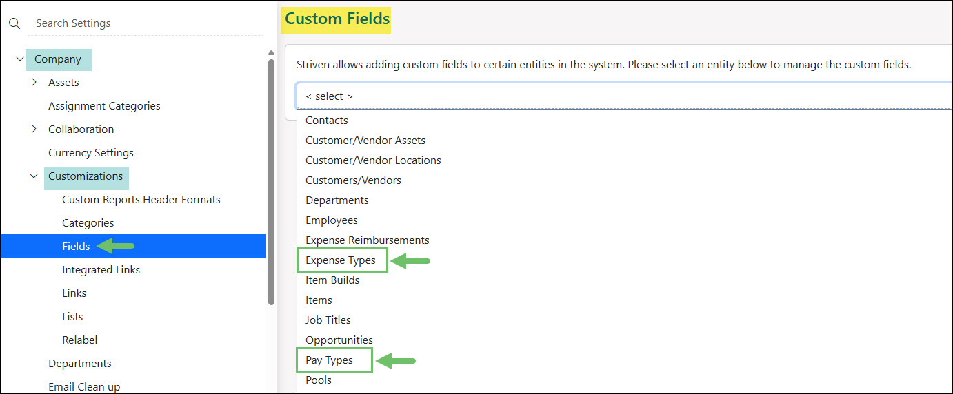 The Expense Types and Pay Types Options in Custom Fields