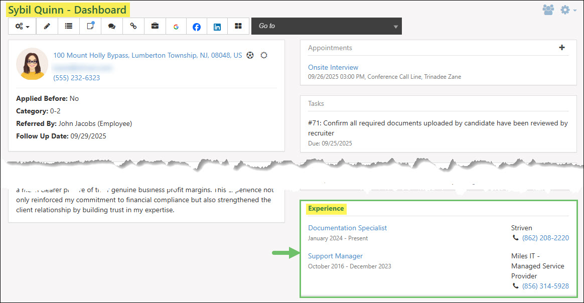 The Experience Widget from a Candidate’s Dashboard