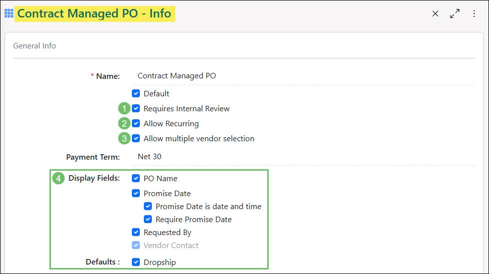 The General Info Section in a Purchase Order Type
