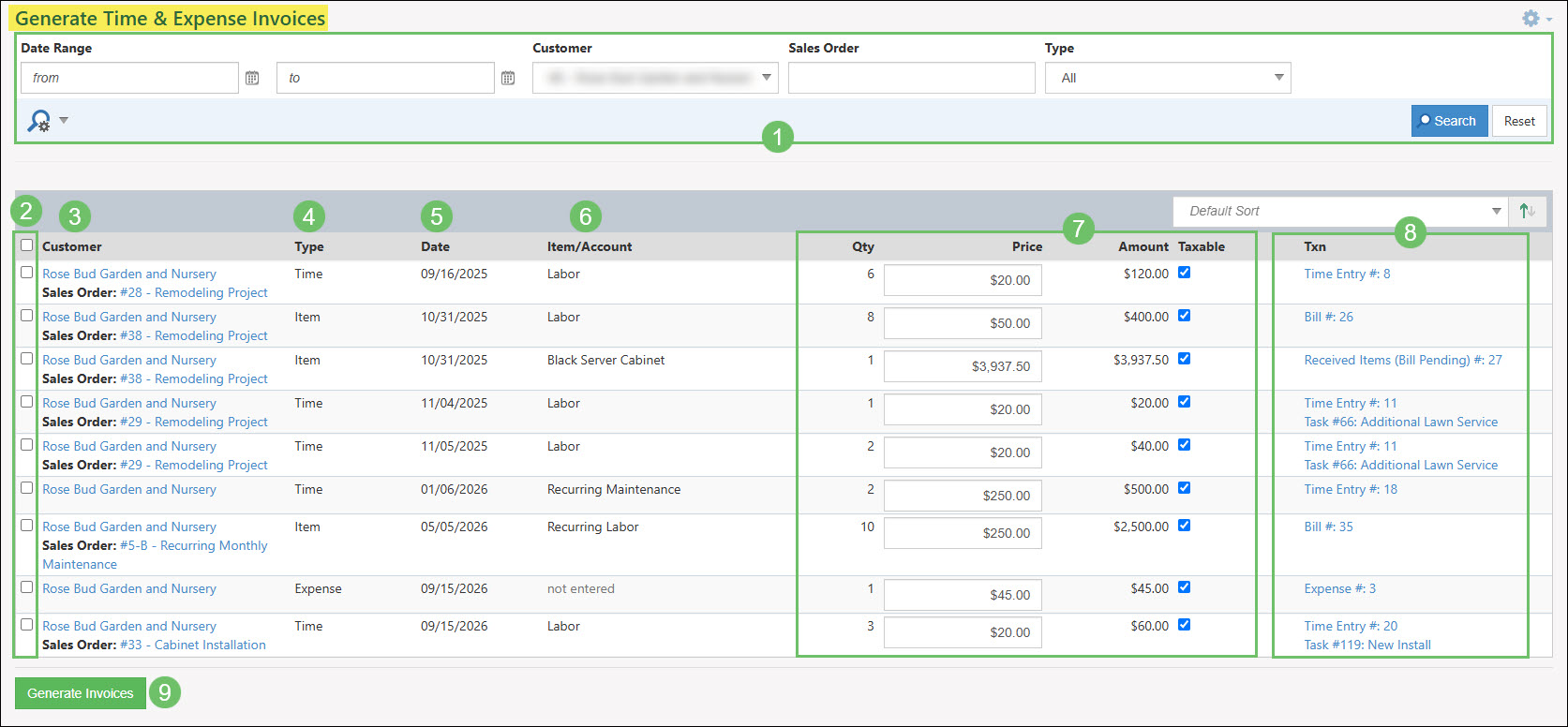 The Generate Time & Expense Invoices Page