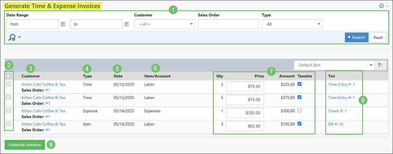 The Generate Time & Expense Invoices Page