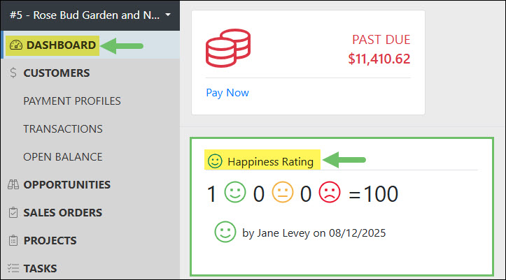 The Happiness Rating Widget on the Dashboard