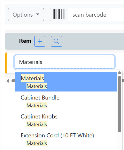 The Highlighted Search Results on the Item Drop-Down List