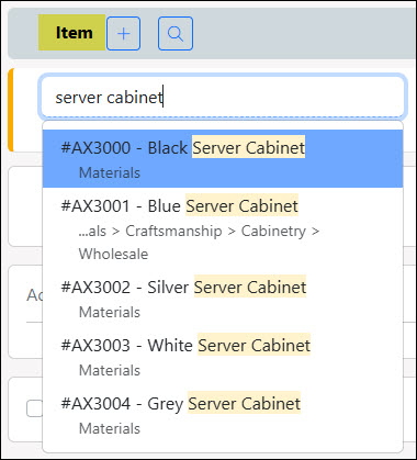 The Highlighted Search Results on the Item Drop-Down List