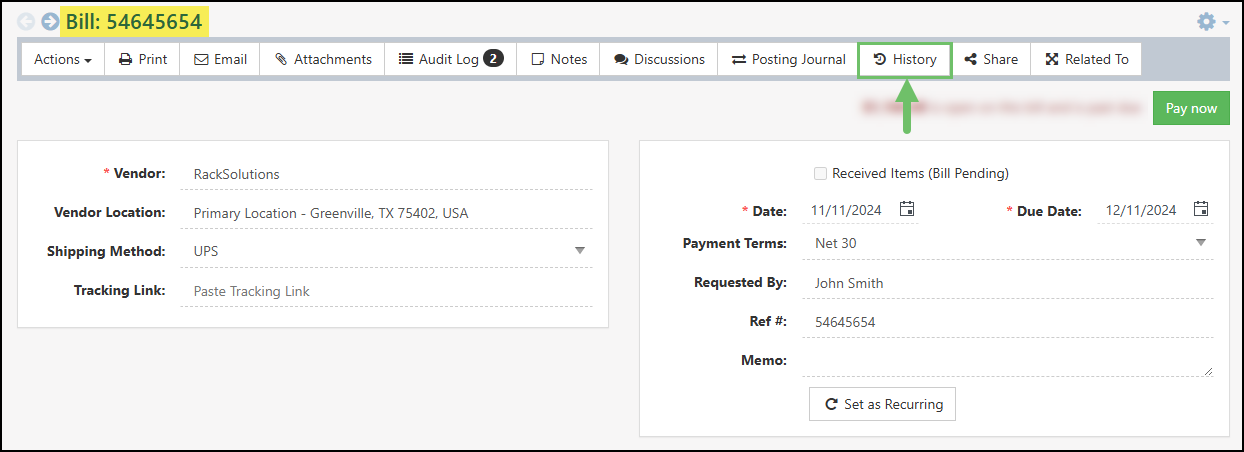 The History Button on a Transaction
