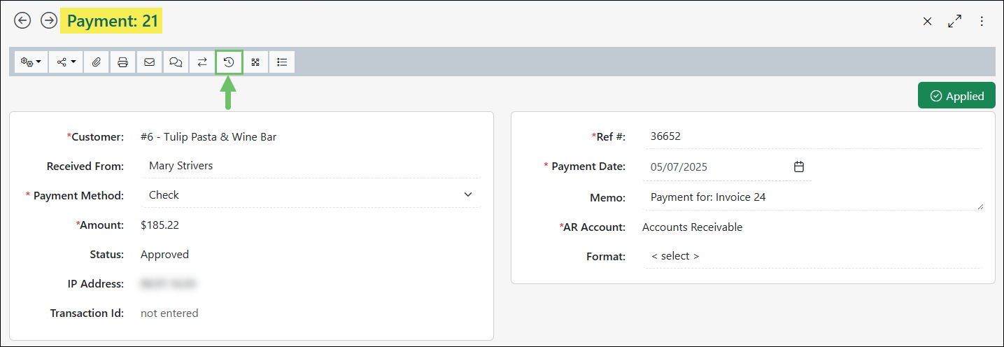 The History Icon on a Transaction