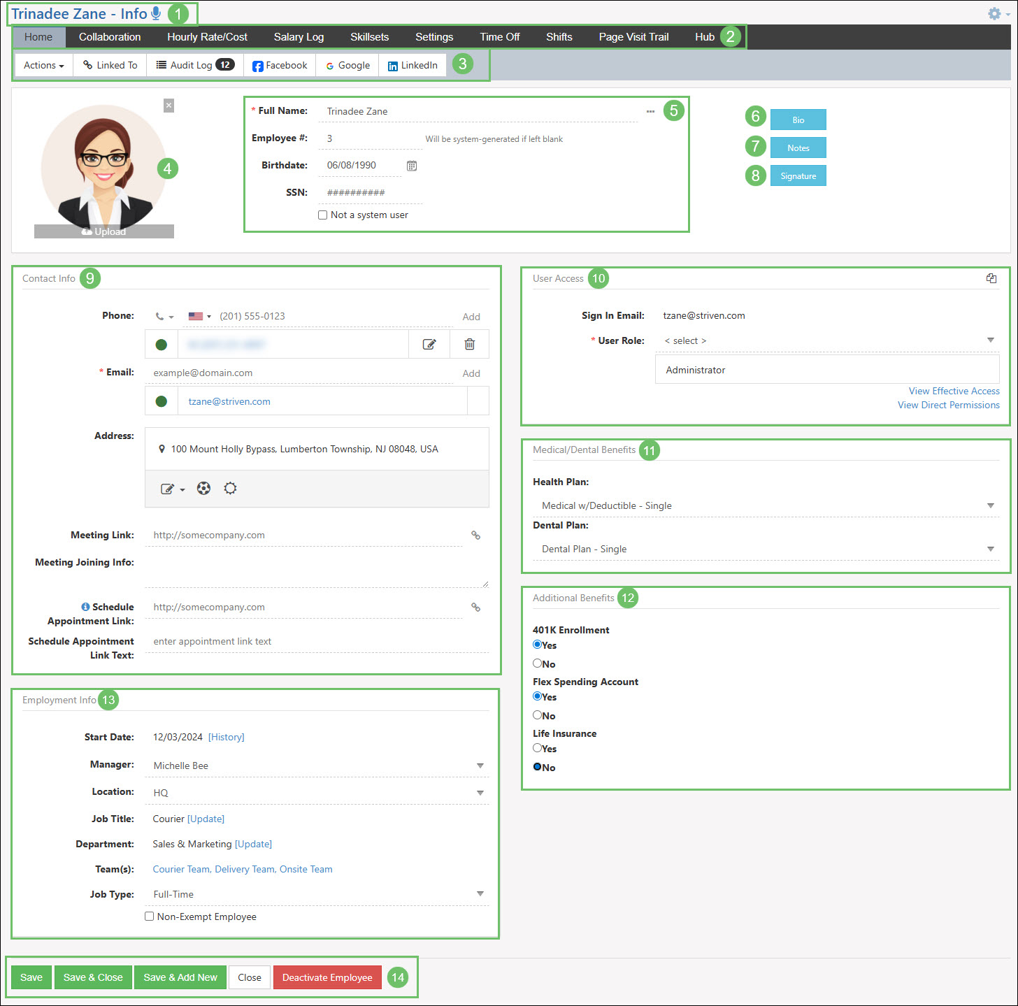 The Home Tab of an Employee Info Page