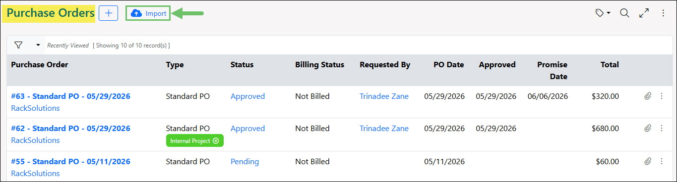 The Import Button on the Purchase Orders List