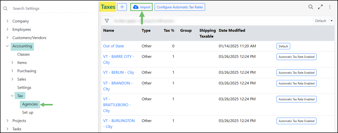 The Import Button on the Tax Agencies List.