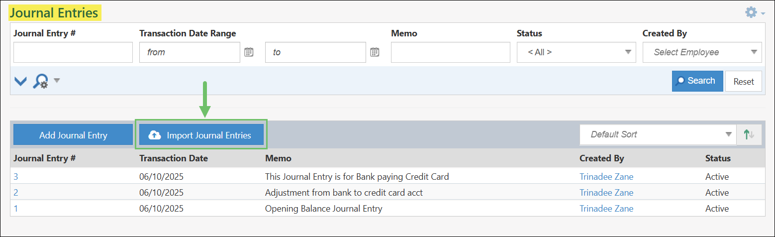 The Import Journal Entries Button on the Journal Entries List