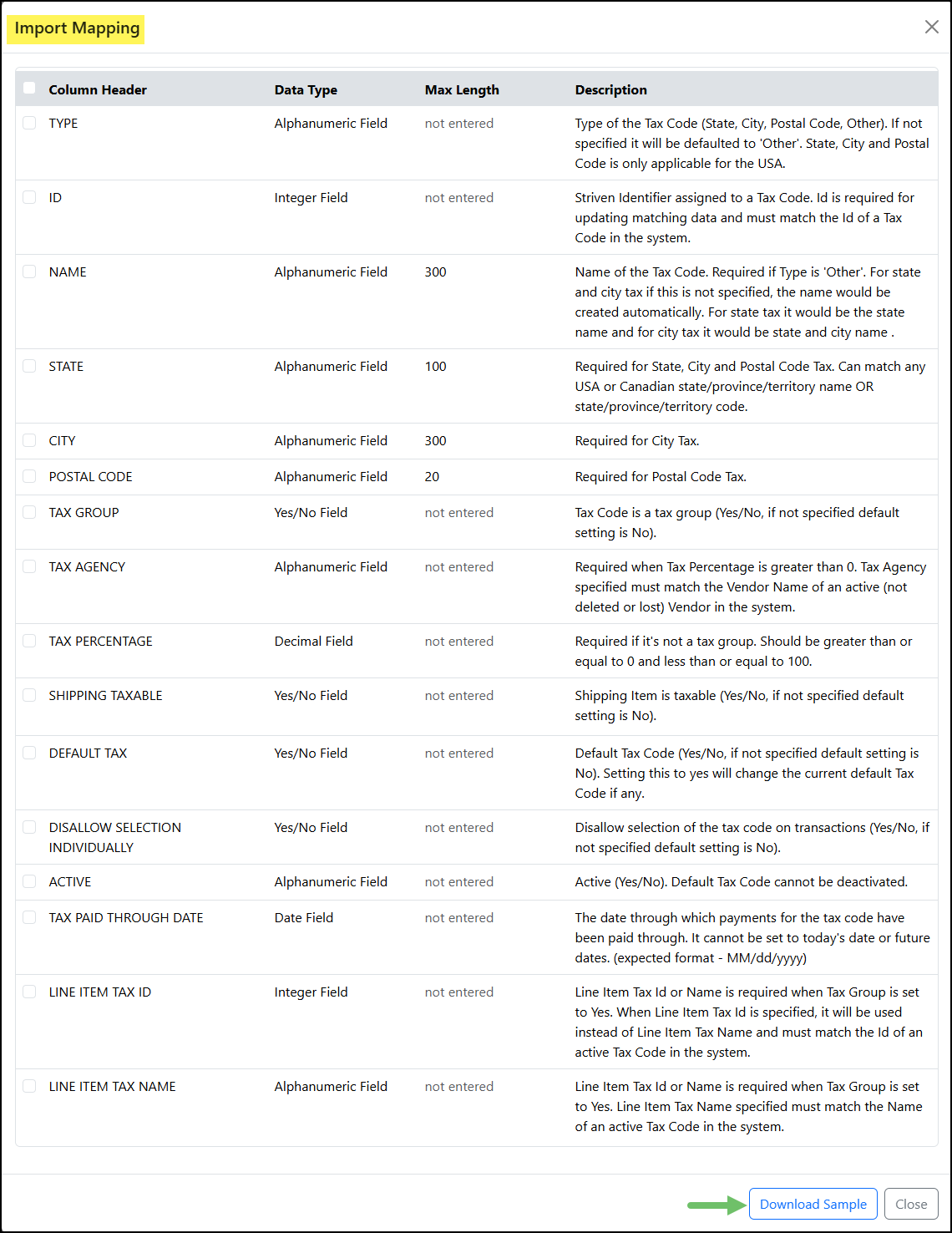 The Import Mapping Options for the Sales Tax Agencies Import Tool